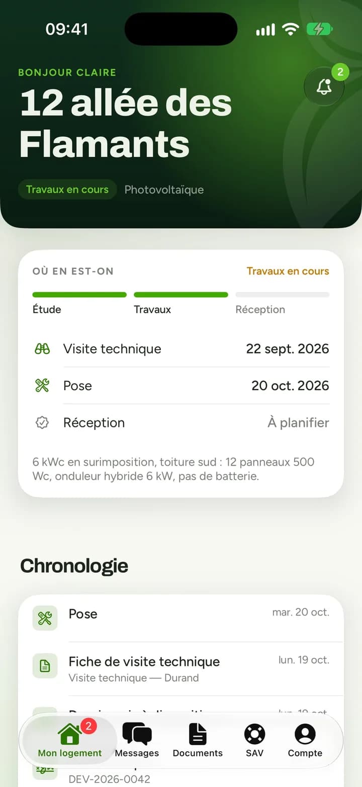 Écran Mon logement : l'adresse du chantier et son avancement, étude, travaux, réception.